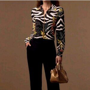 ZEBRA STRIPED AND LEOPARD MIXED PLANTS PRINT V-COLLAR PUFF SLEEVE BLOUSE